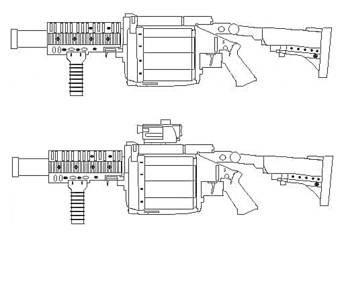 На раскраске изображено: Гранатомет, Оружие, Барабанный магазин, Прицел, Рукоятка, Ствол, Приклад, Схема