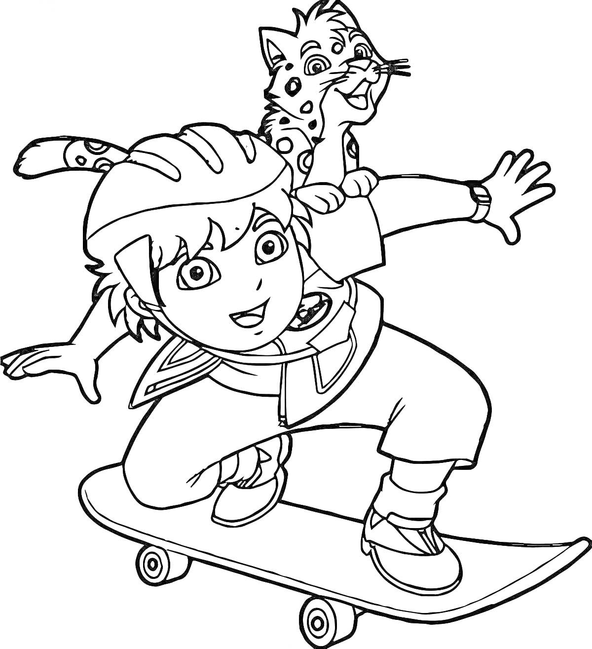 Раскраска Диего катается на скейтборде с леопардом на плече