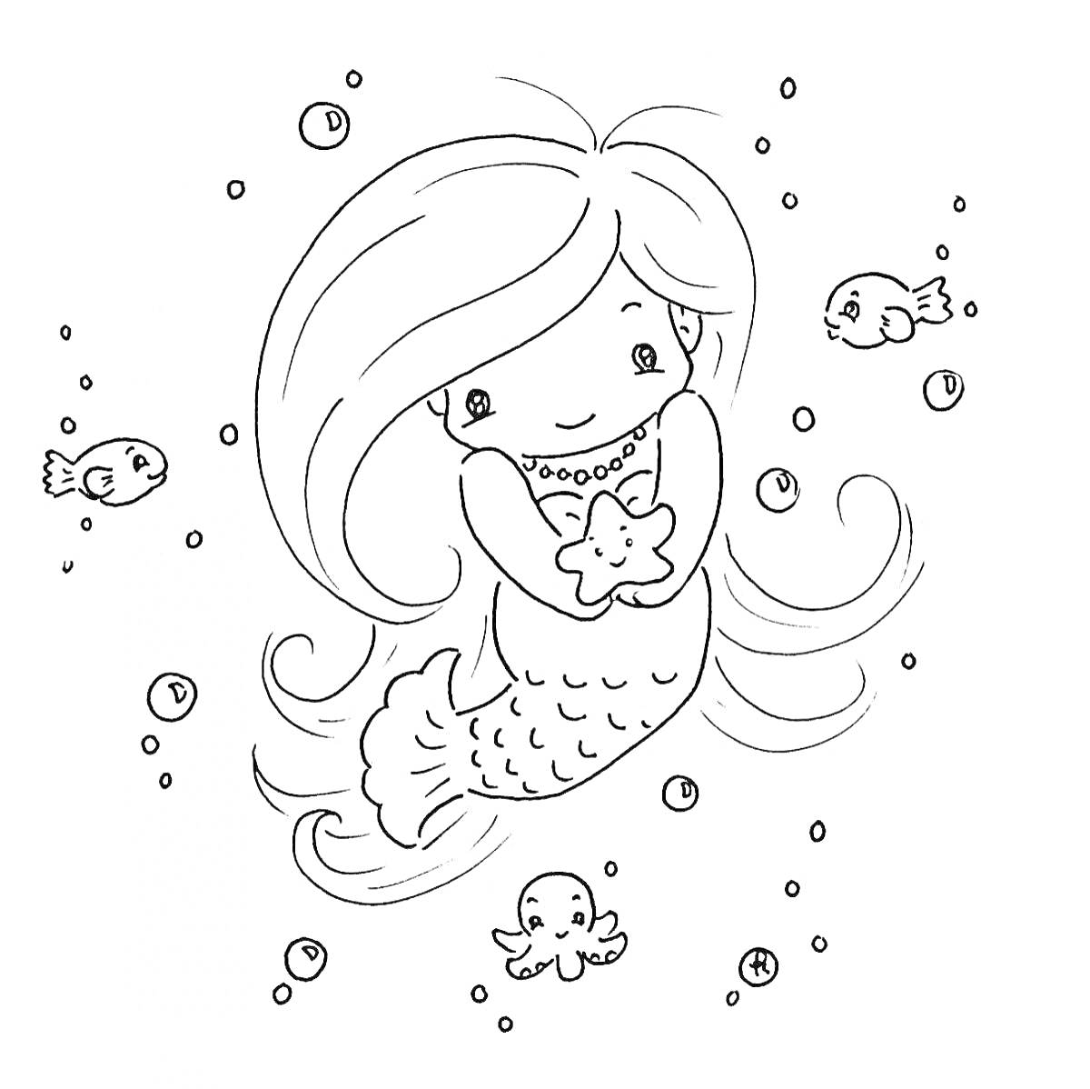 На раскраске изображено: Русалка, Пузыри, Подводный мир, Море