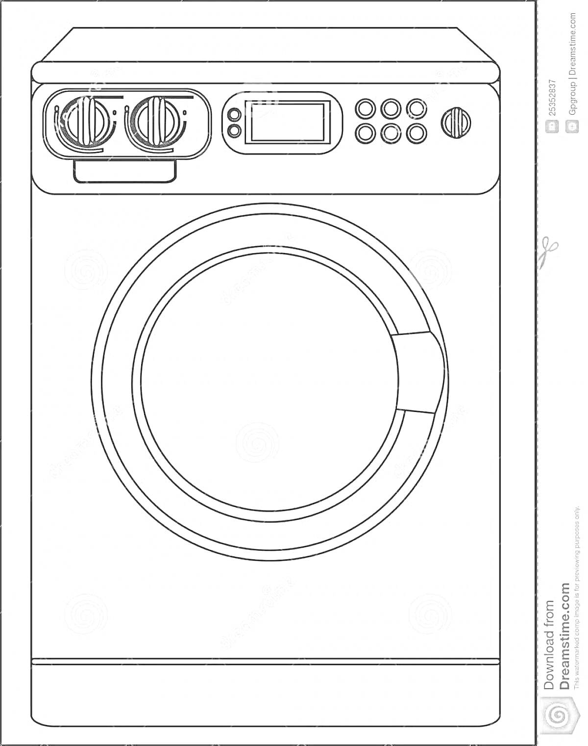 Раскраска Стиральная машина с дверцей, ручками управления, дисплеем и кнопками