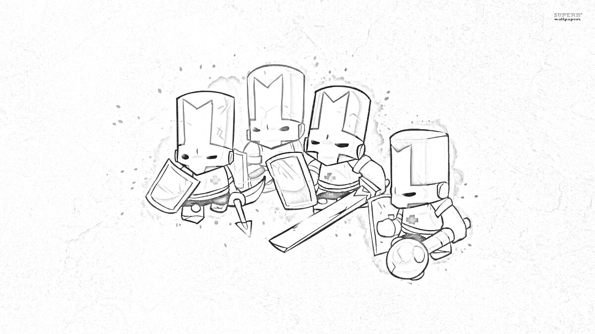 Четыре рыцаря из Castle Crashers с мечами, щитами и яблоком