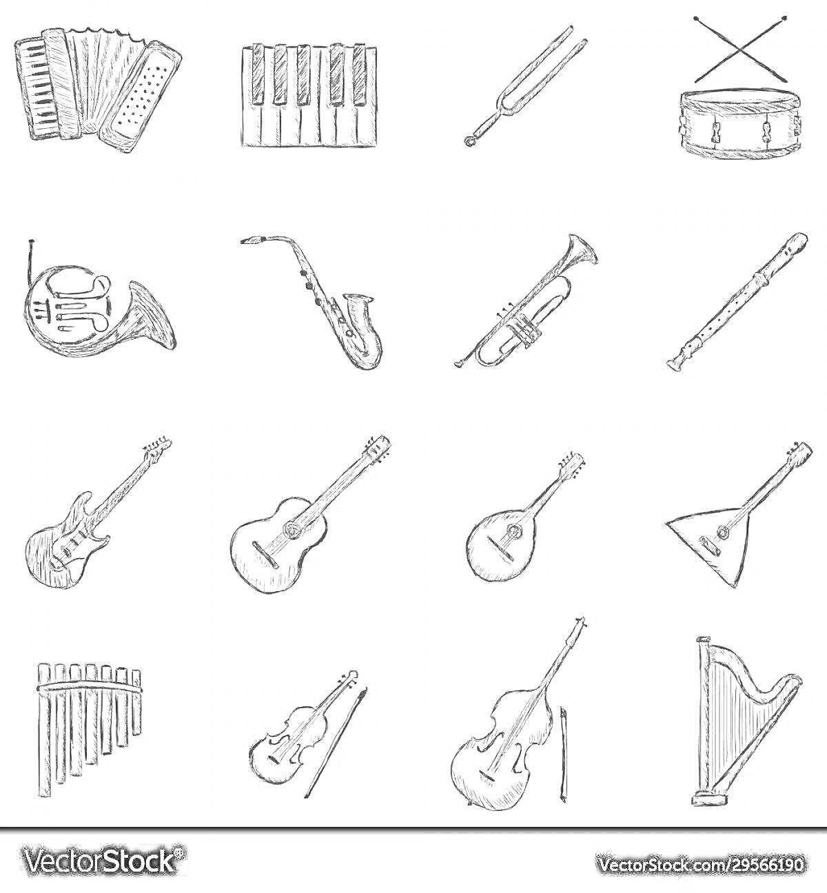 Раскраска гармонь, клавиши, камертон, барабан, рожок, саксофон, труба, флейта, электрогитара, акустическая гитара, мандолина, балалайка, блокфлейта, скрипка, виолончель, арфа