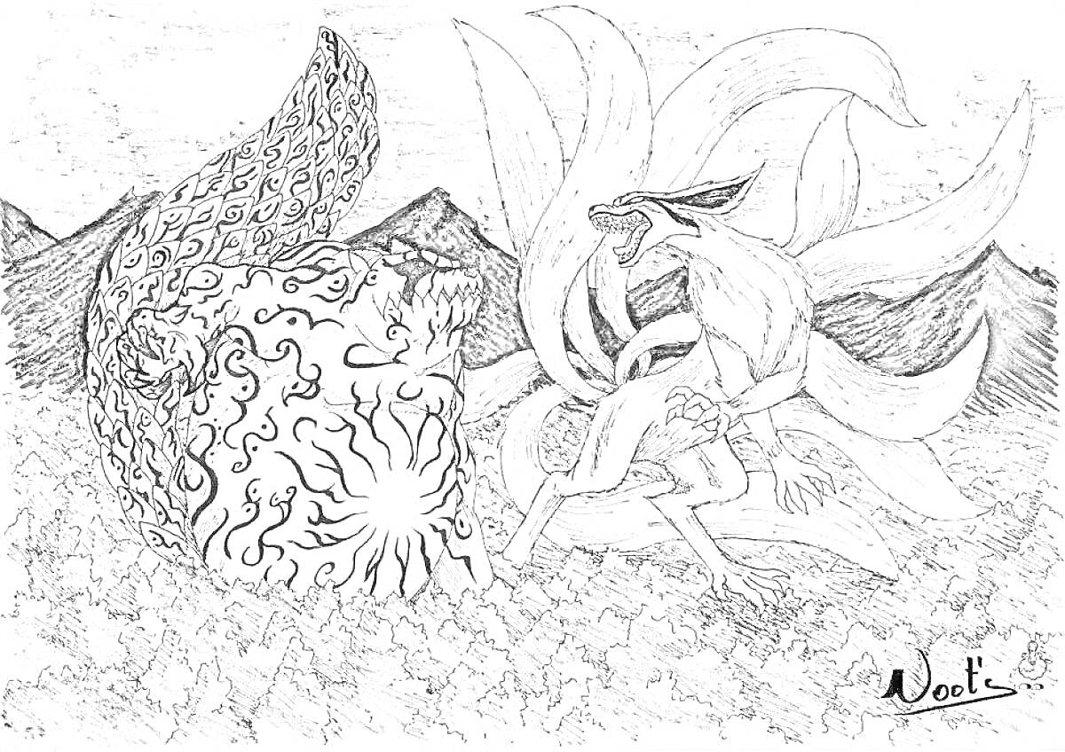 Раскраска Схватка двух Курам - лис с девятью хвостами на фоне гор