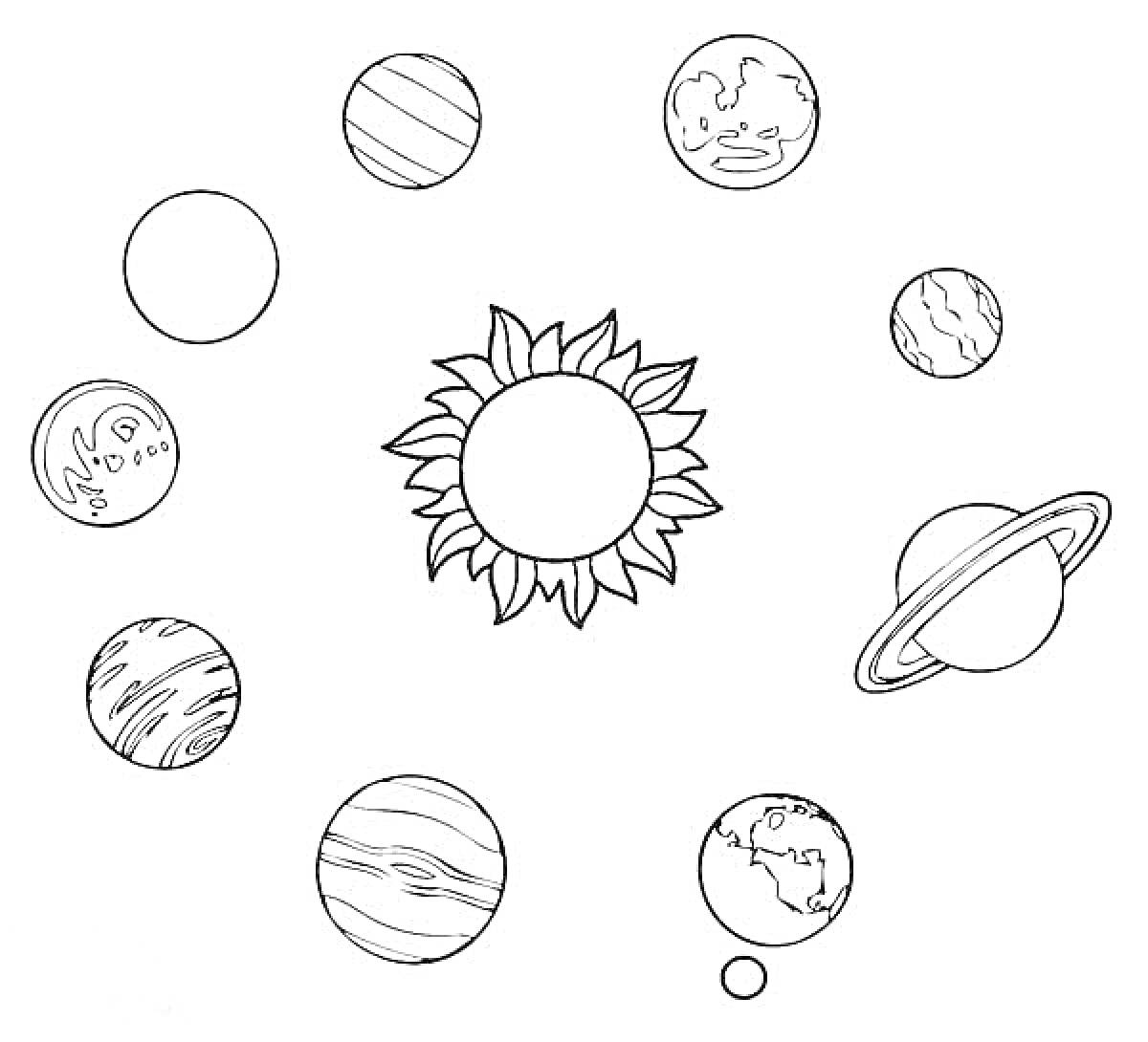 На раскраске изображено: Солнечная система, Планеты, Солнце, Космос, Астрономия, Земля, Сатурн, Венера, Марс, Юпитер, Уран, Нептун, Меркурий, Для детей, Образование