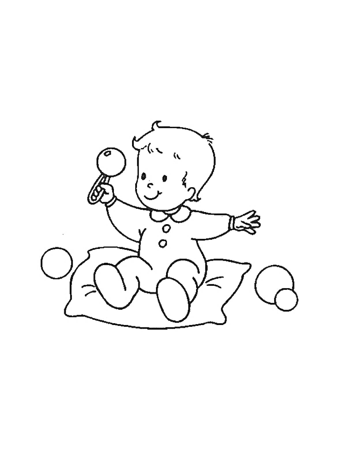 На раскраске изображено: Младенец, Подушка, Погремушка, Шары, Игрушки, Ребёнок
