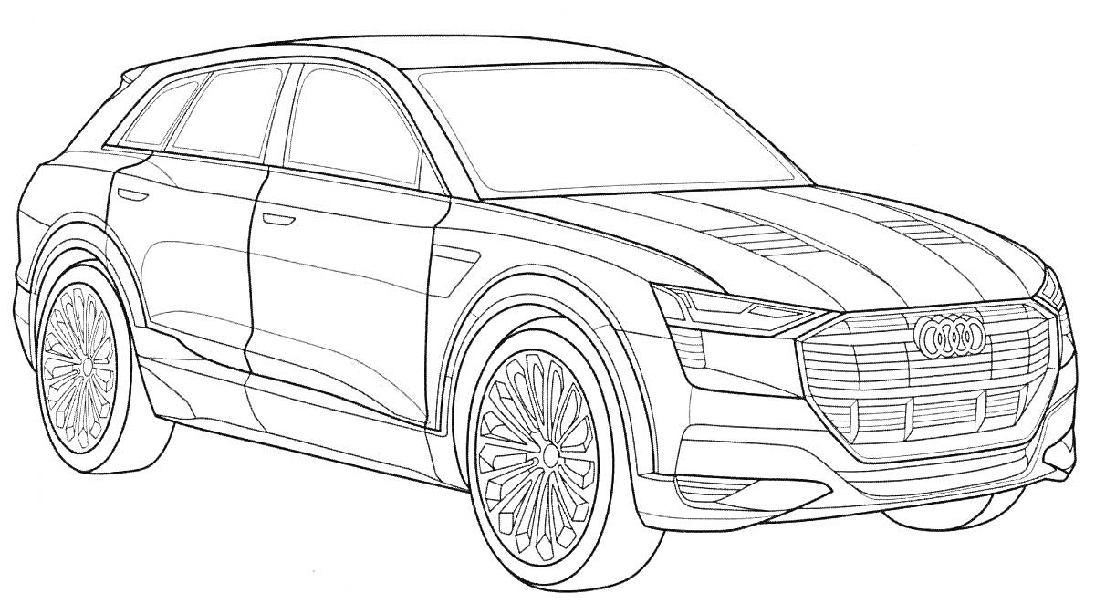 На раскраске изображено: Audi, SUV, Детализированная, Колёса, Фары