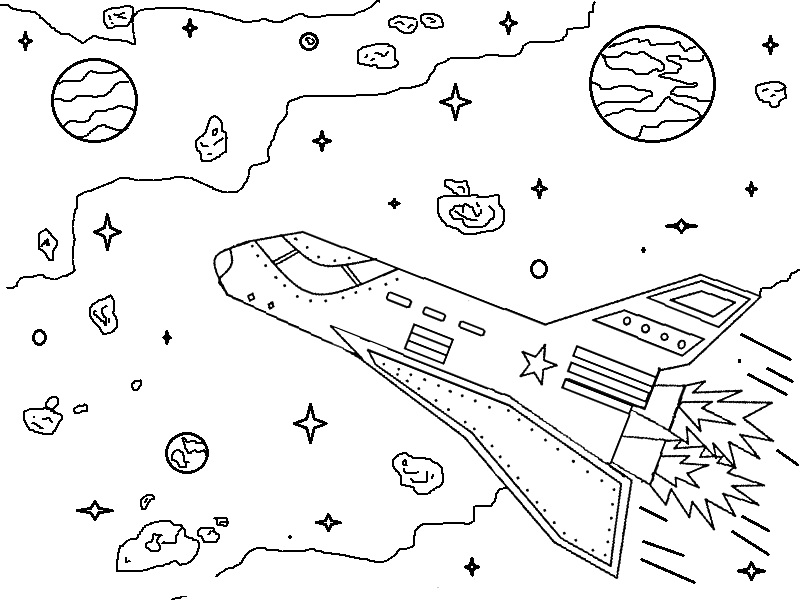 На раскраске изображено: Ракета, Космос, Планеты, Звезды, Астероиды, Космический корабль, Звёздное небо, Комета