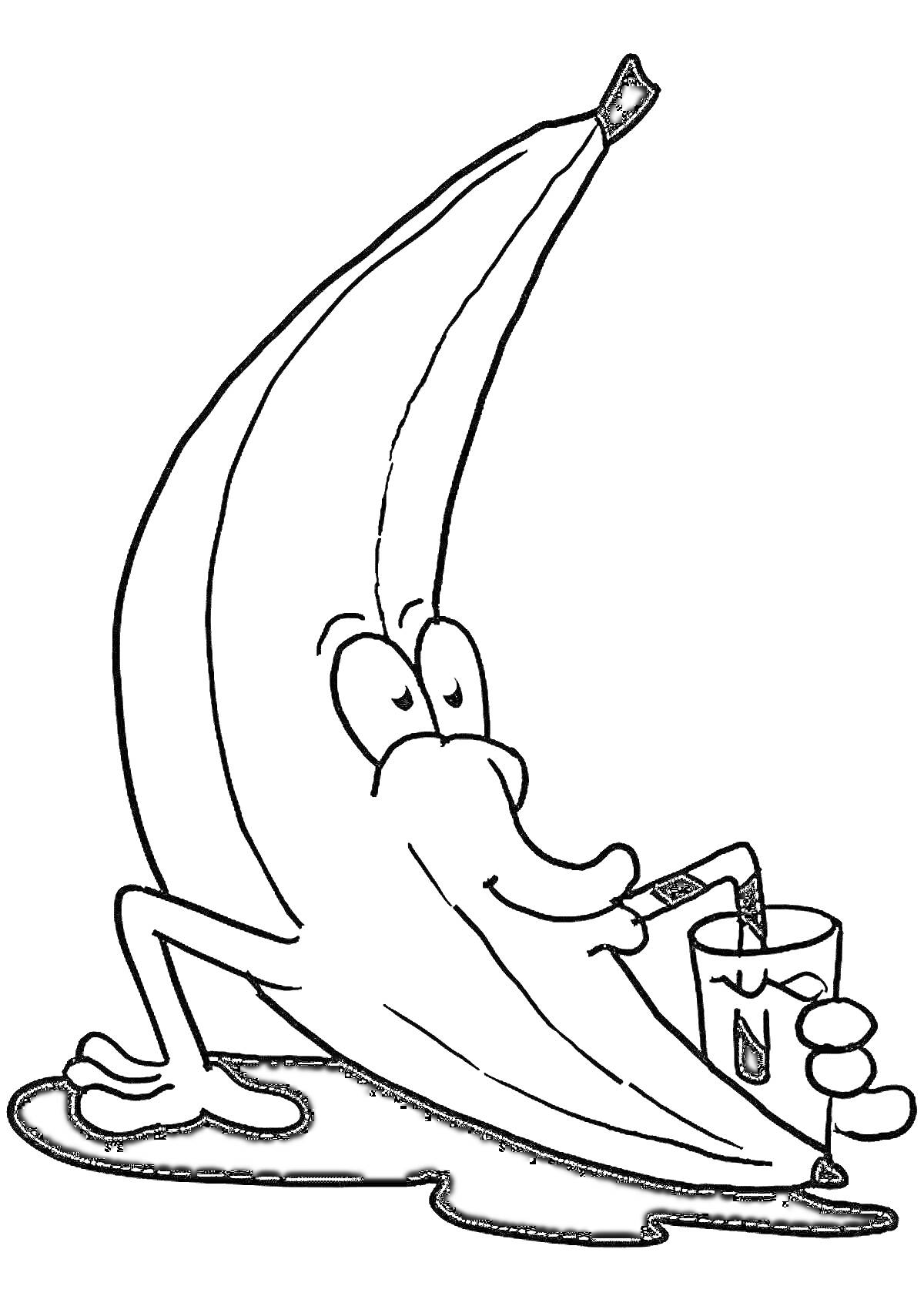 Банан, стоящий на ногах, пьет сок через трубочку