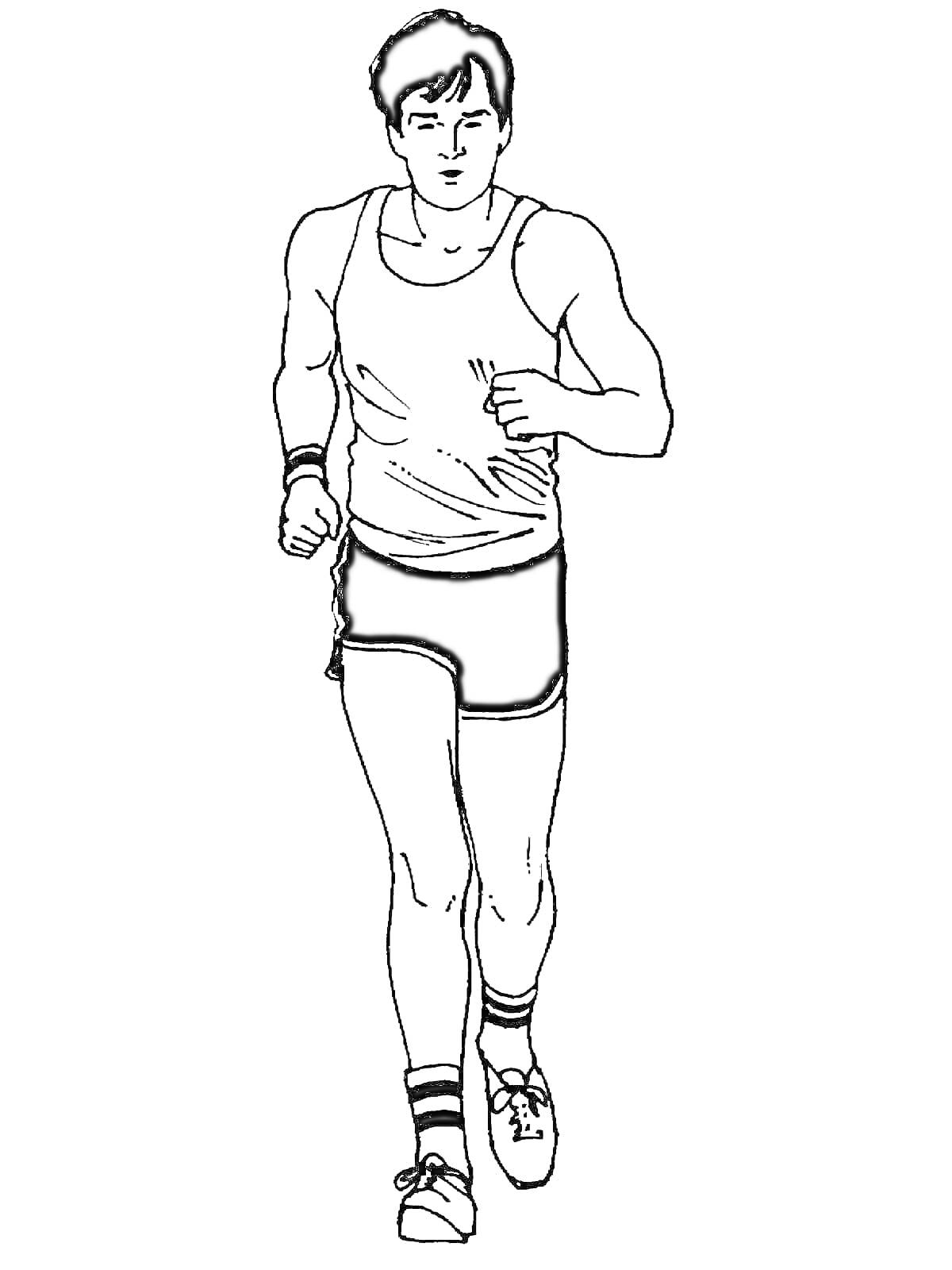 Раскраска Человек в спортивной одежде в процессе бега, черно-белый контур