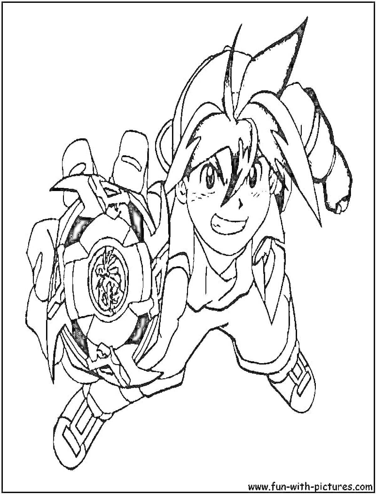 Раскраска Мальчик с длинными волосами, держащий перед собой руку с наручем и футбольным мячом с символом