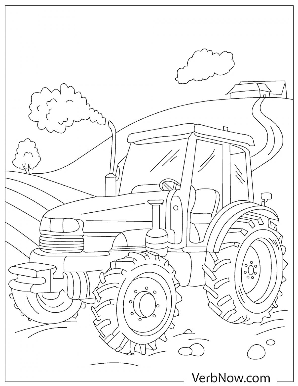 На раскраске изображено: Трактор, Сельское хозяйство, Дом, Поле