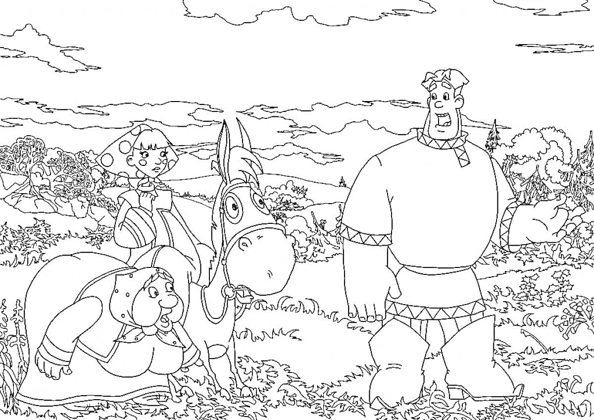 На раскраске изображено: Богатырь, Конь, Старик, Природа, Деревья, Поле, Храм
