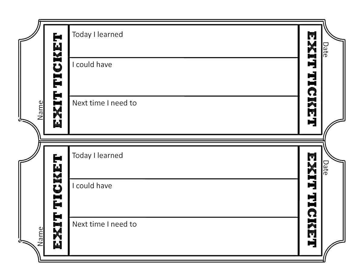Раскраска Два билета-анкеты с полями для заполнения (Today I learned, I could have, Next time I need to), текстами 