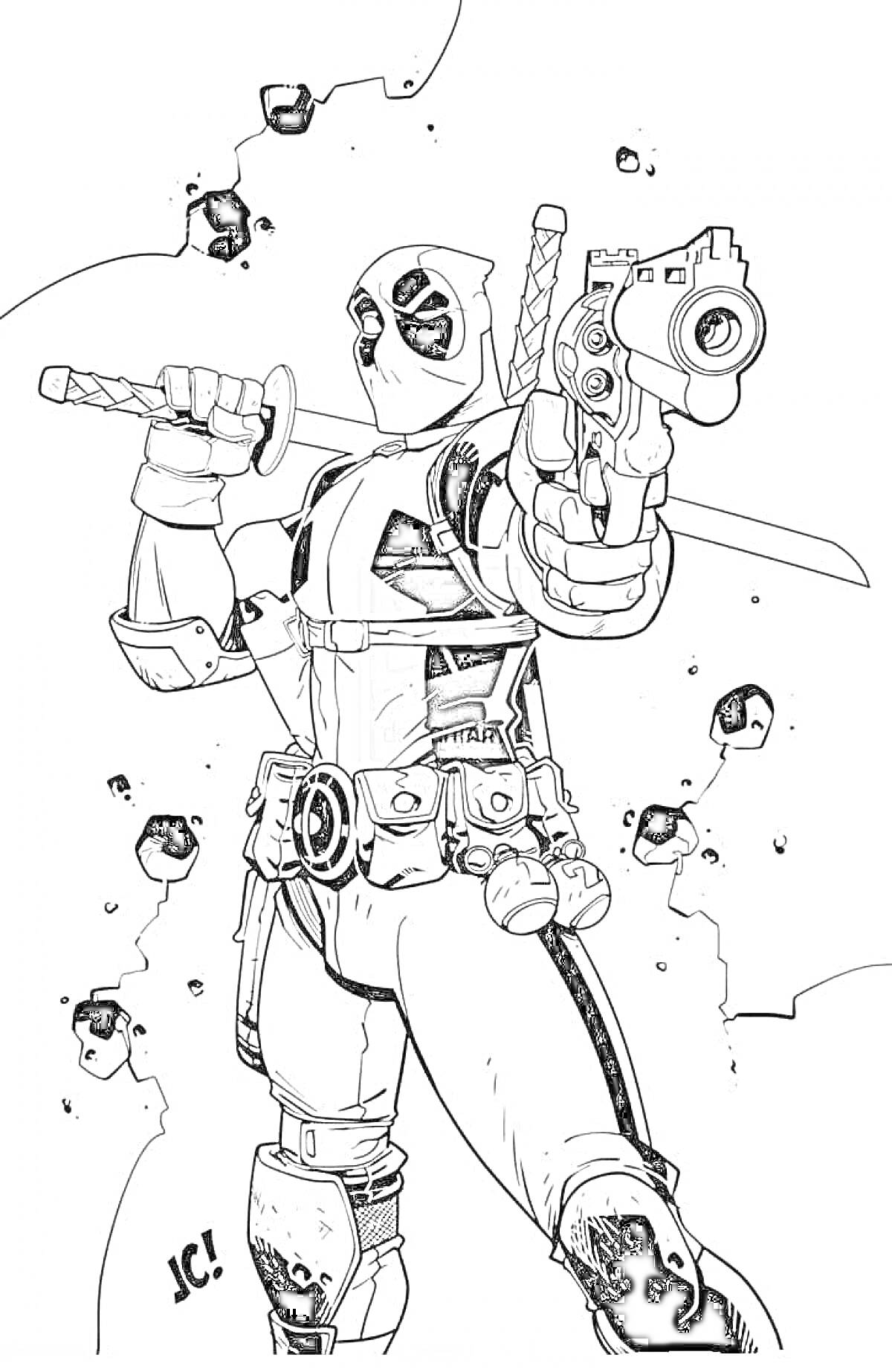 На раскраске изображено: Дэдпул, Пистолет, Шпага, Боевой костюм, Боевой стиль, Оружие