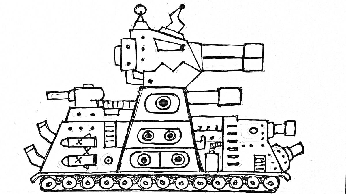 Раскраска Танк с крупной башней и тремя пушками, гусеницы, детали брони, перископы