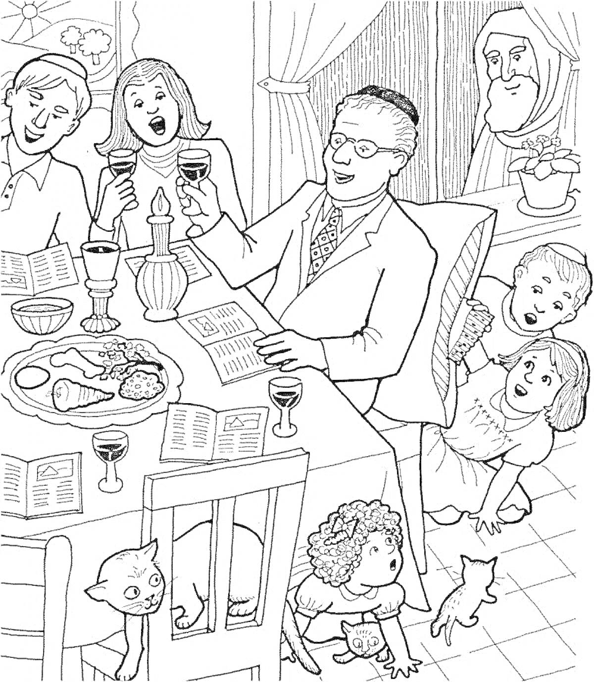 Раскраска Семья за столом с едой, дети на полу, мужчина заглядывает в окно