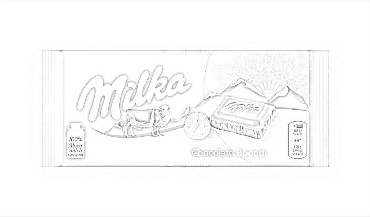 На раскраске изображено: Milka, Шоколад, Корова, Горы, Шоколадная плитка, Упаковка, Бренд
