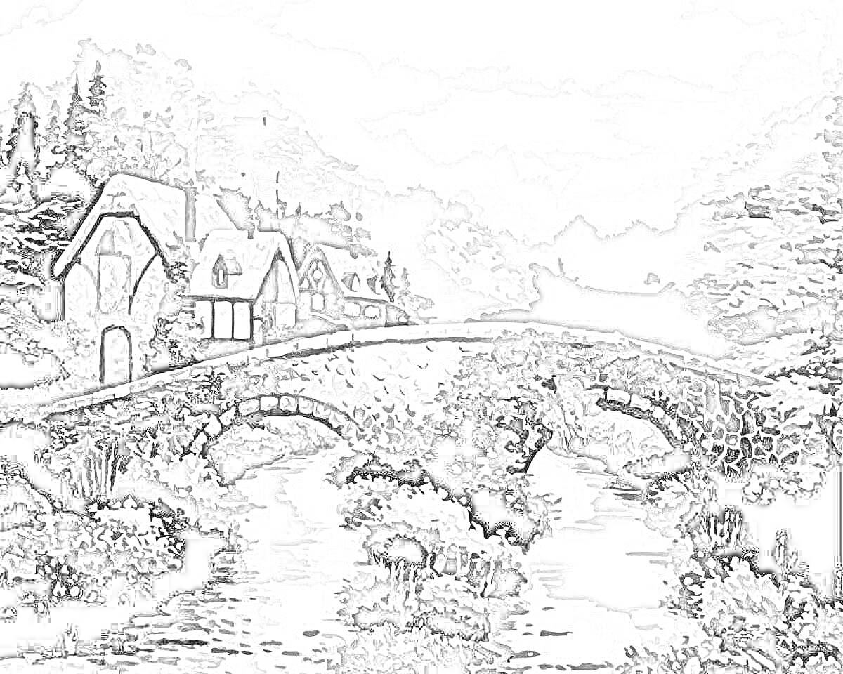 Раскраска Деревенские домики у реки с каменным мостом и лесом