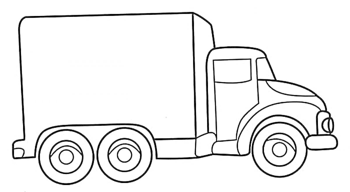 Раскраска Грузовик с закрытым кузовом, четыре колеса, кабина