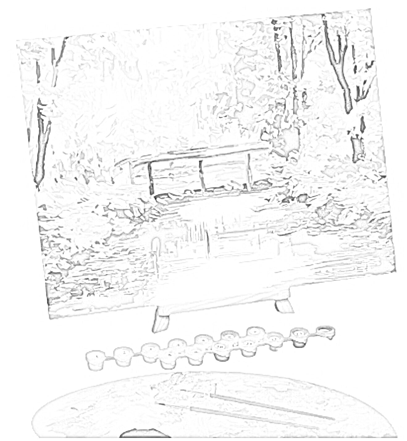Раскраска Картина по номерам без подрамника с изображением осеннего пейзажа с мостиком и рекой