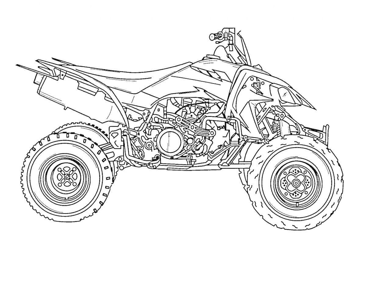 Раскраска Четырехколесный мотовездеход (квадроцикл) с видимой детализацией двигателя и колес