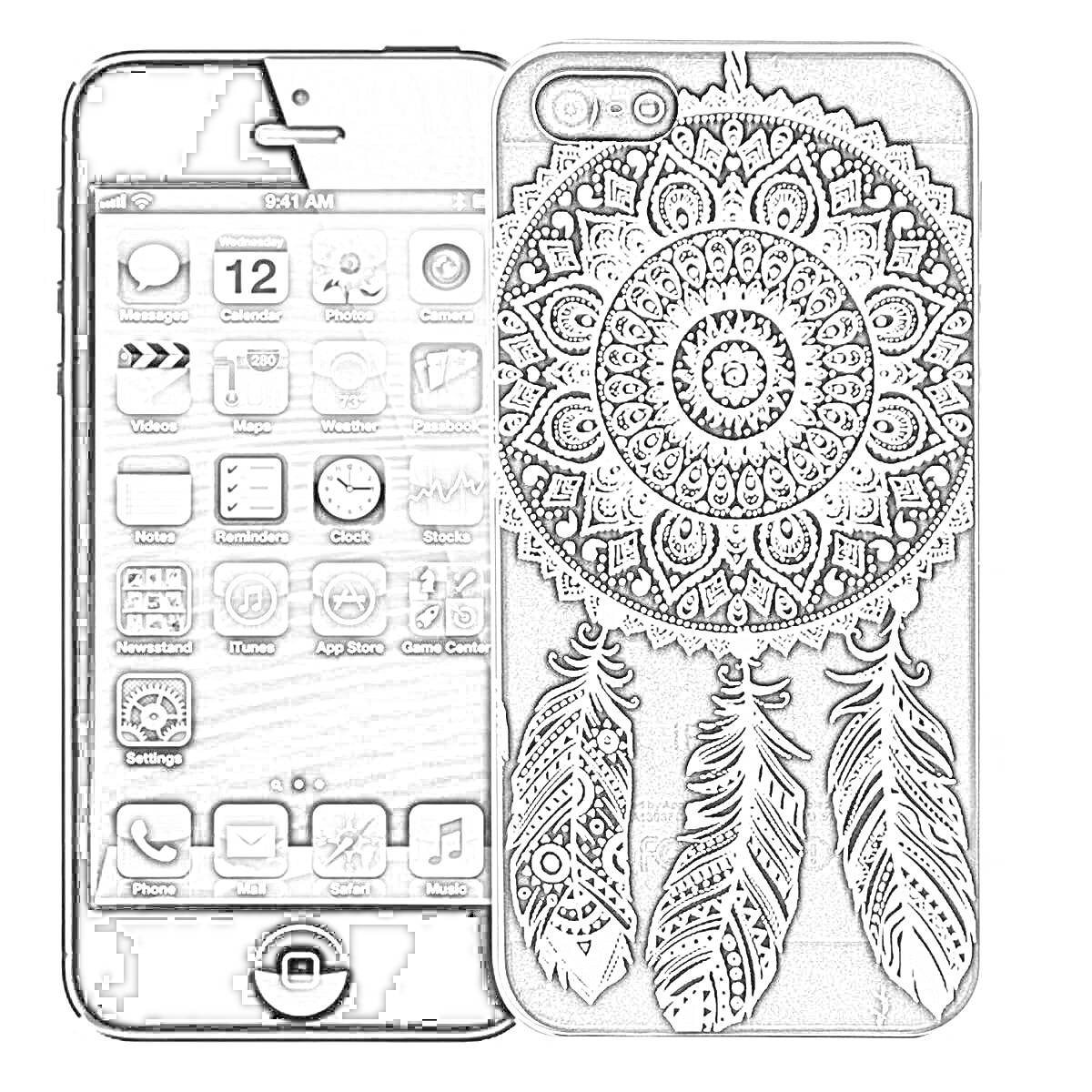 Раскраска Чехол на айфон с кружевным рисунком ловца снов и тремя перьями внизу
