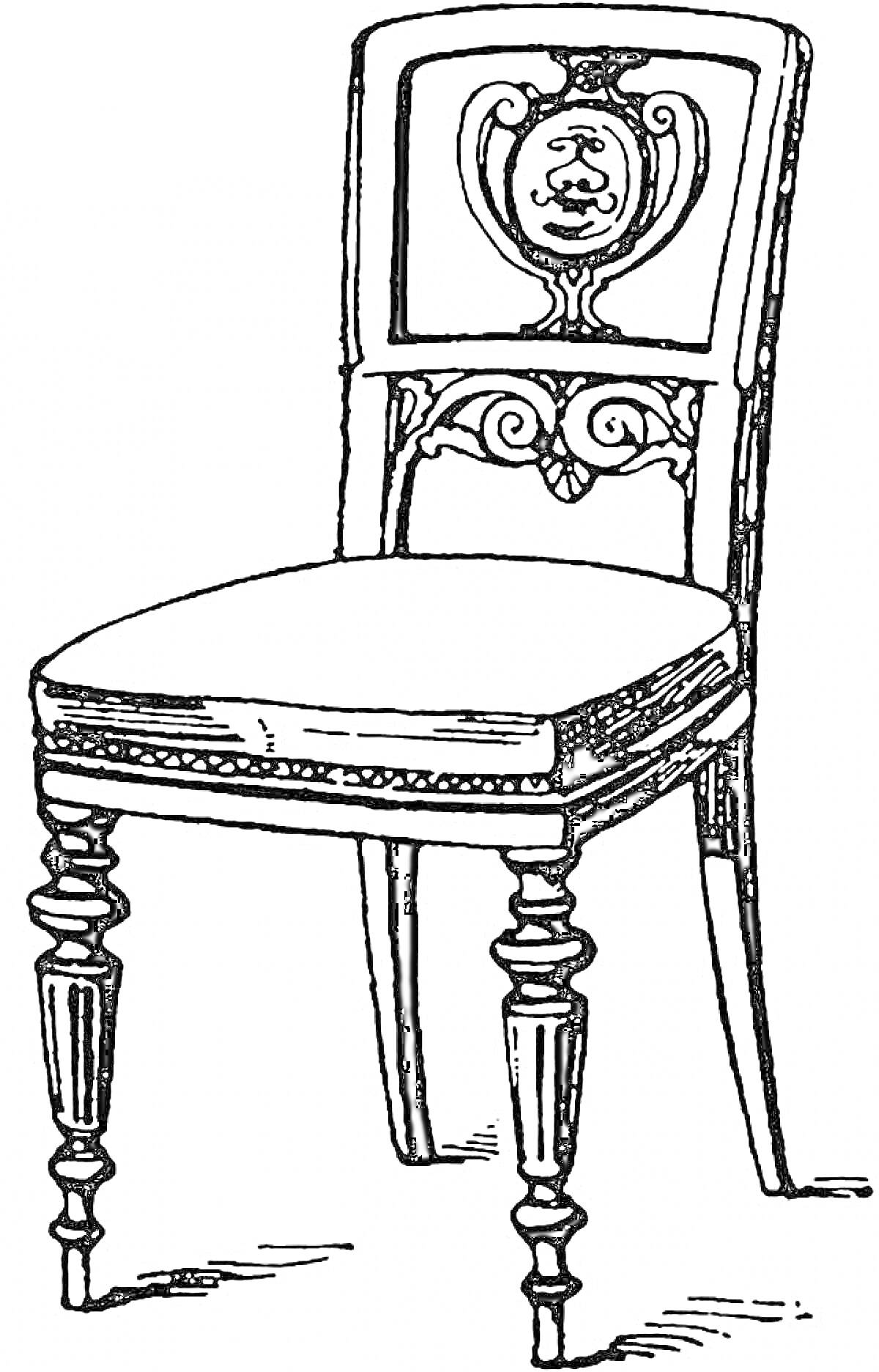 На раскраске изображено: Стул, Кресло, Резьба, Орнамент, Спинка, Мебель