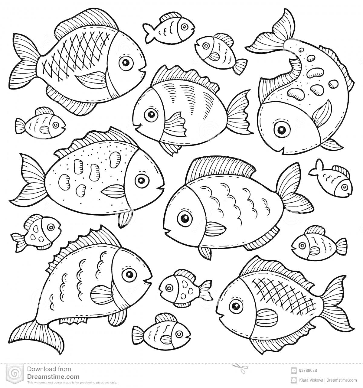 Раскраска Раскраска с маленькими и большими рыбками разных форм и узоров