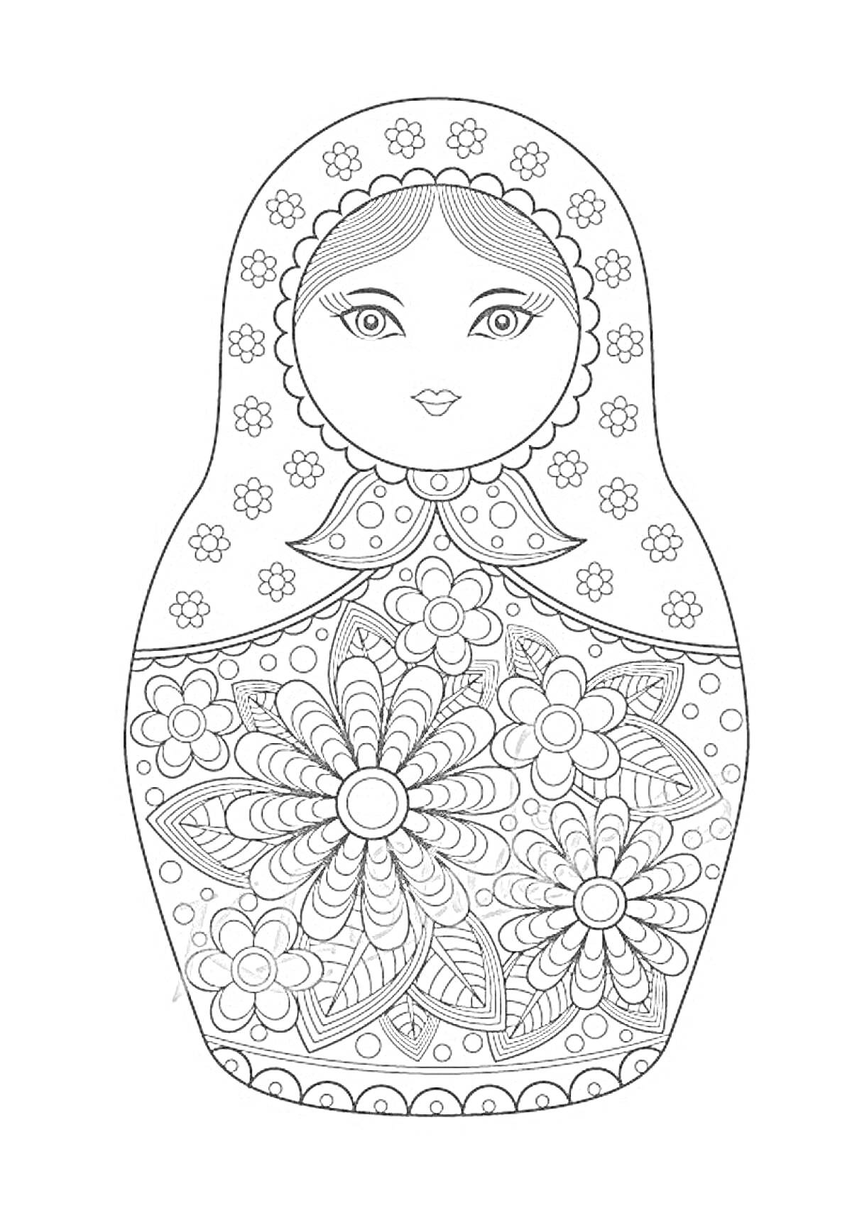 Матрешка с цветочным узором, лицевая часть с глазами, носом и ртом, узор на платке, крупные цветы и листья в центральной части