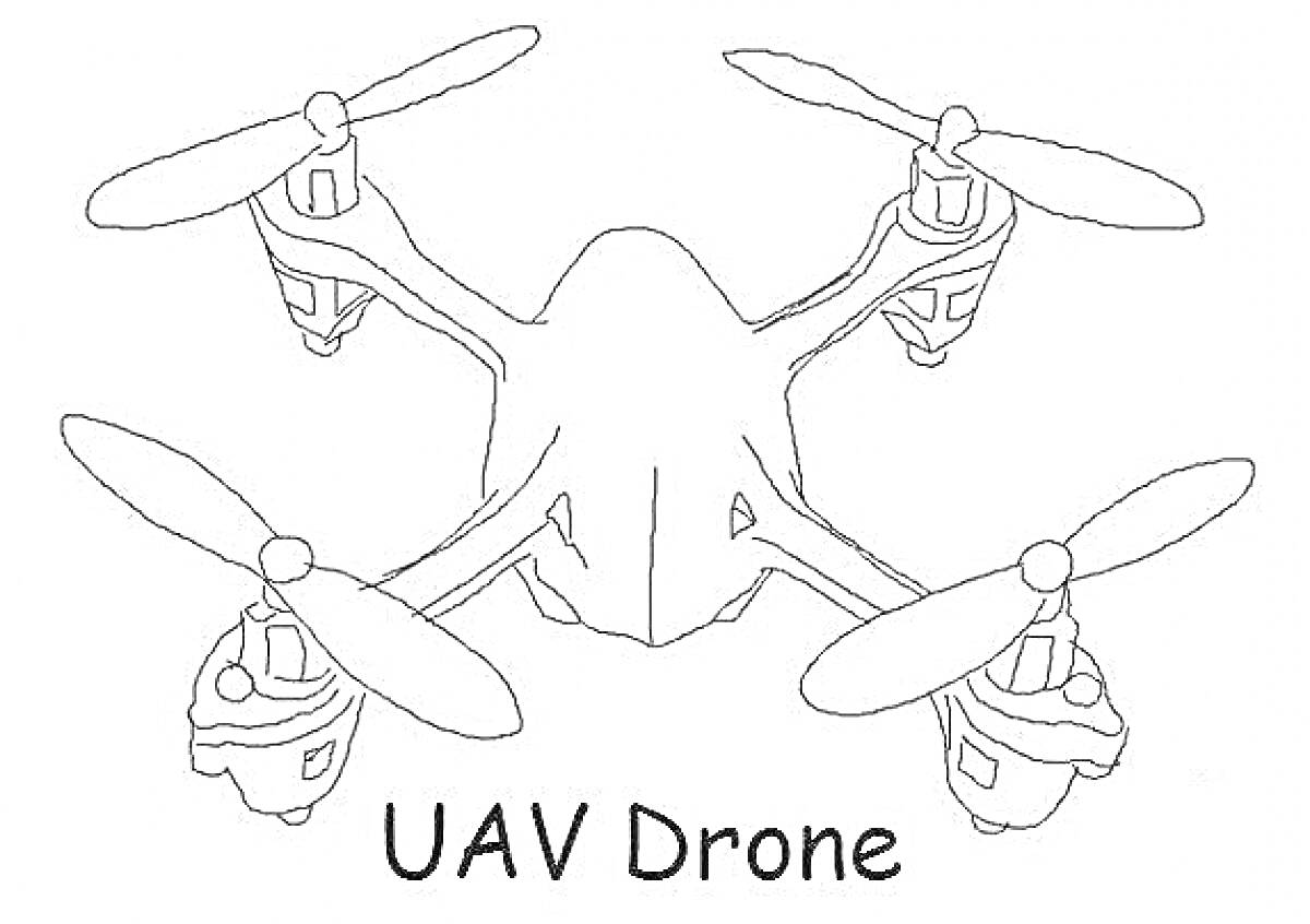 Раскраска Дрон с четырьмя пропеллерами и надписью 