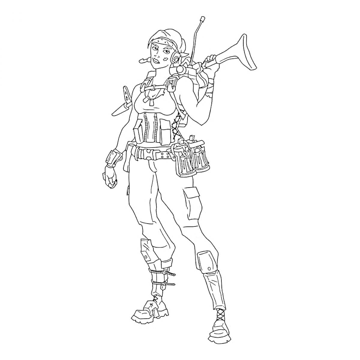 Раскраска Персонаж из фри фаер с рюкзаком и оружием