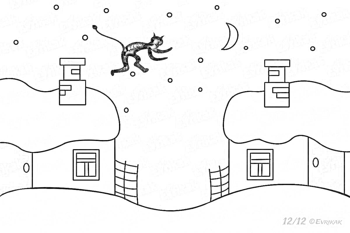 На раскраске изображено: Зимний вечер, Снег, Кот, Звезды, Месяц, Ночь