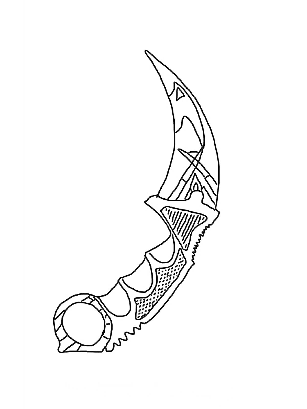 На раскраске изображено: Керамбит, Нож, Оружие, Кольцо, Декоративный узор, Клинок, Рукоятка