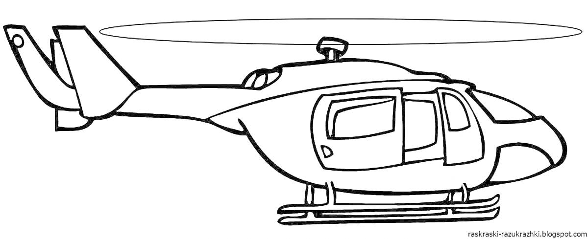 Раскраска Вертолет с лопастями, иллюминатором и полозьями для посадки