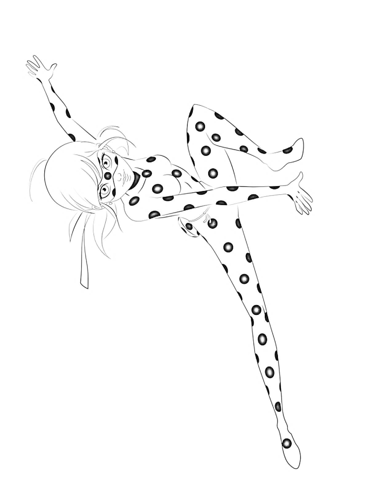 Раскраска Леди Баг в прыжке, в костюме с точками, с маской на лице и развевающимися волосами