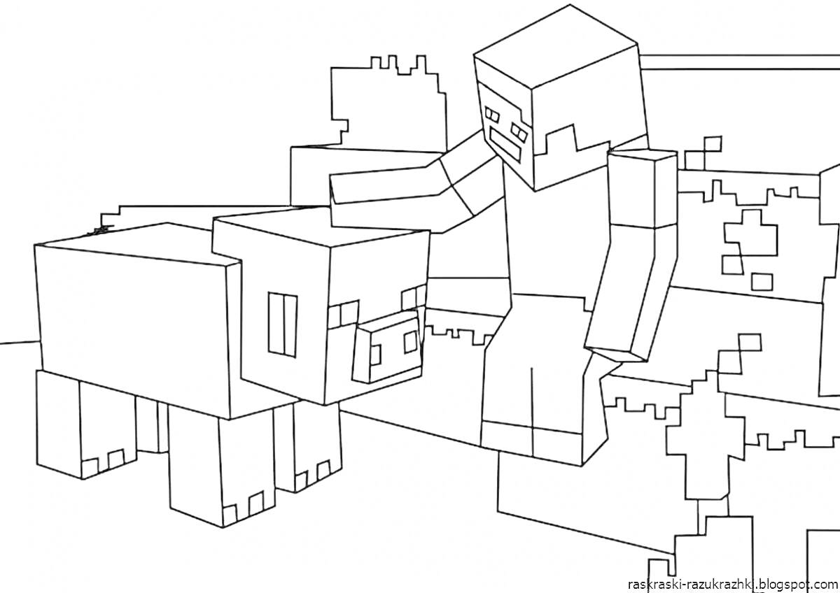 Раскраска Майнкрафт персонаж с поросенком на фоне зданий