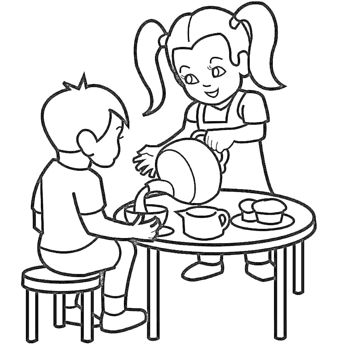 Раскраска девочка наливает чай мальчику за столом с чашками и печеньем