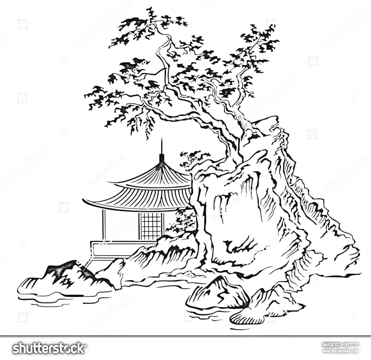 На раскраске изображено: Японский пейзаж, Пагода, Скалы, Природа, Япония, Архитектура