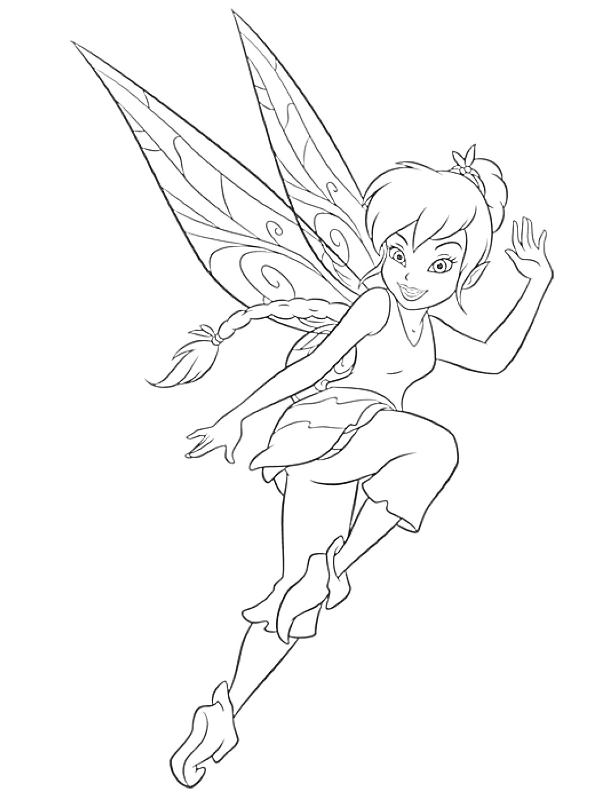 Раскраска Фея Динь-Динь с длинной косичкой, поднимающая руку вверх, на лету в воздушной позе с изящными крыльями