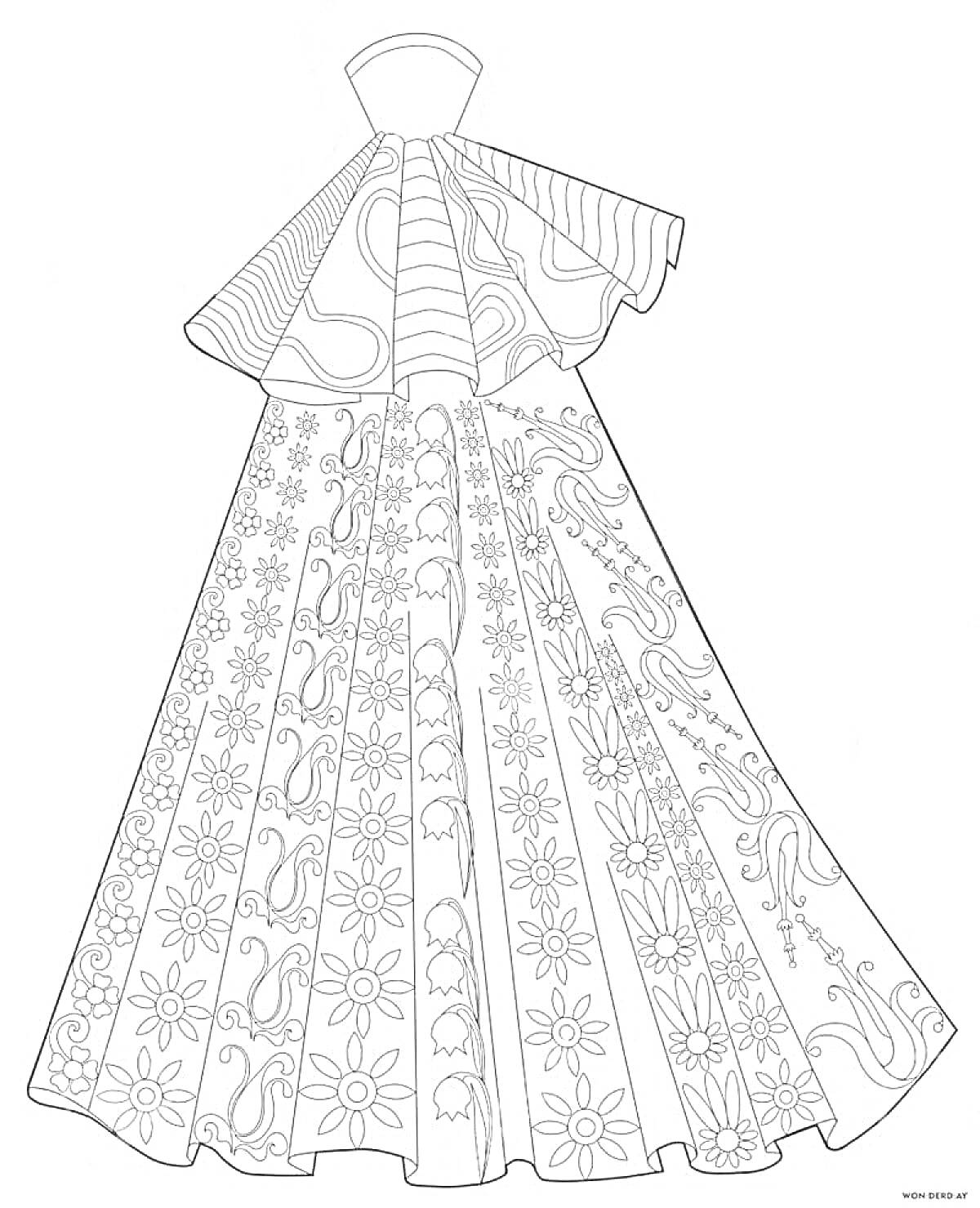 Раскраска Платье с узорами цветов, завитков и линий на длинной юбке с рюшами