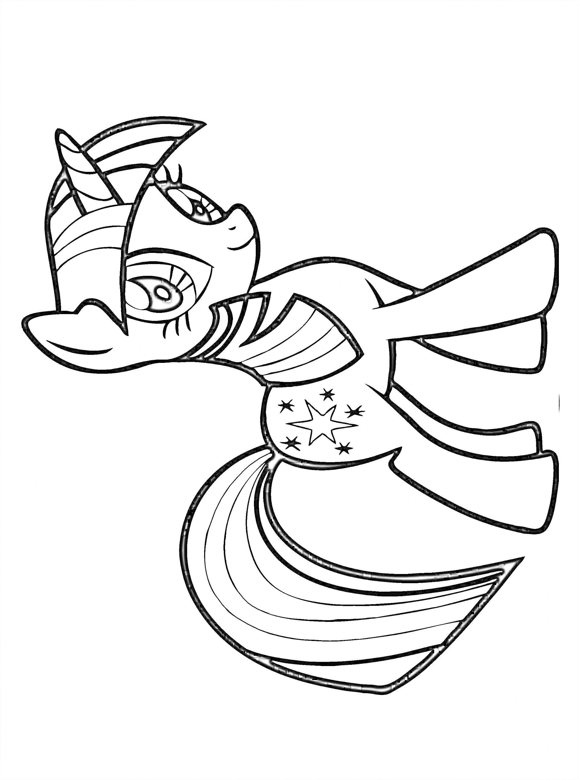 Раскраска Единорог с полосатой гривой и хвостом и звездами на теле