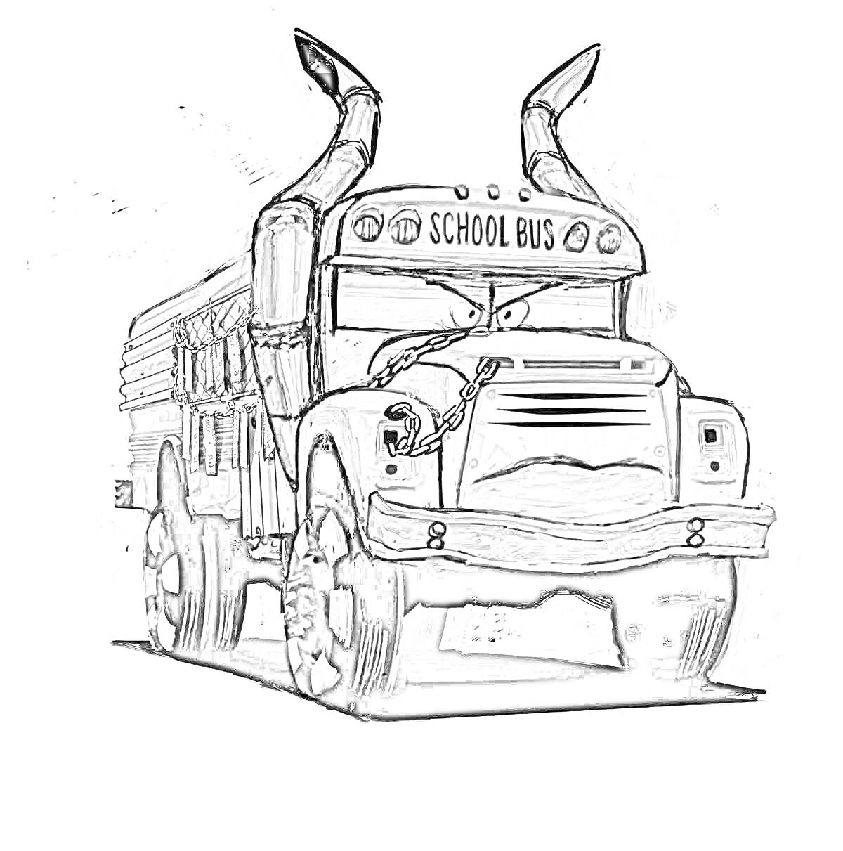 На раскраске изображено: Школьный автобус, Рога, Транспорт, Школа