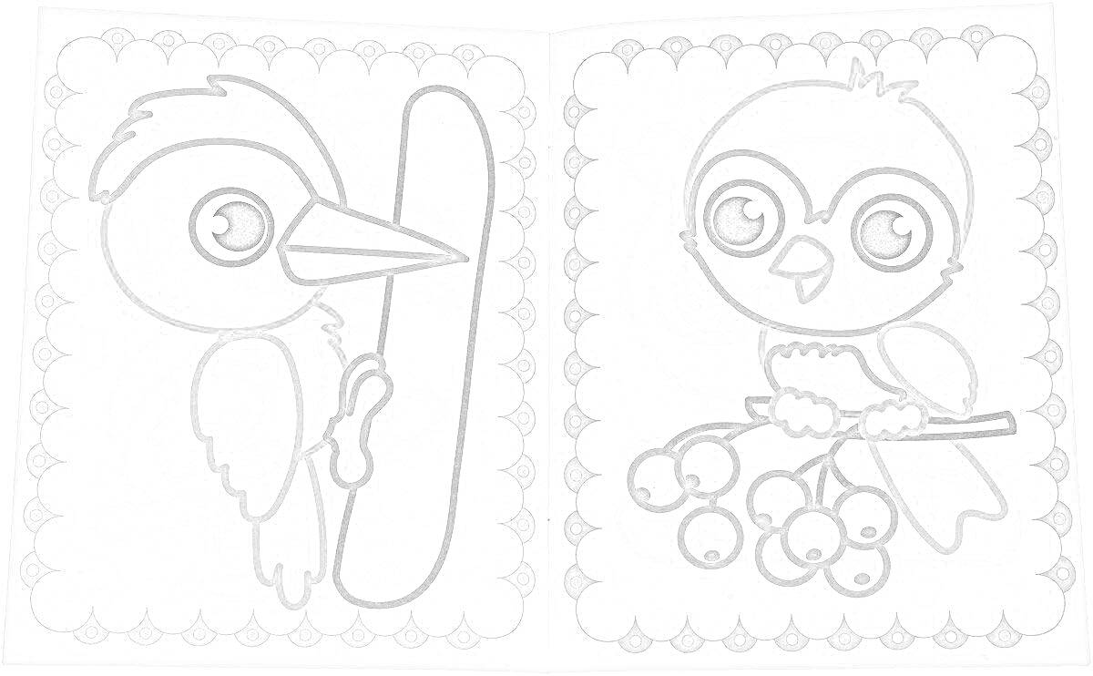 Раскраска Птицы на ветке и с доской