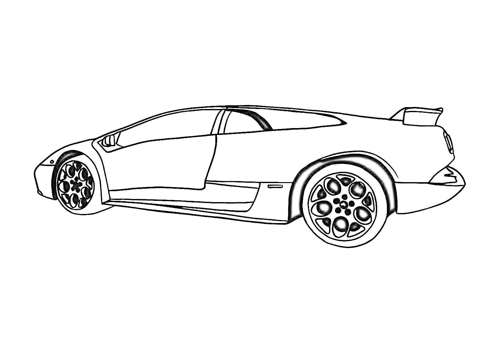 Раскраска Спортивный автомобиль Ламборджини с характерным спойлером, колёсами и аэродинамическими элементами