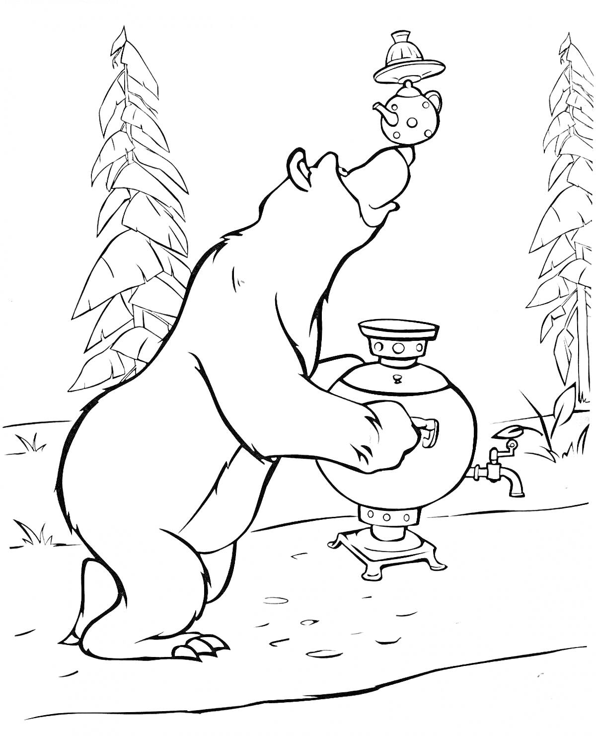 На раскраске изображено: Медведь, Самовар, Лес, Деревья, Чаепитие, Из сказок, Маша и медведь, Из мультфильмов