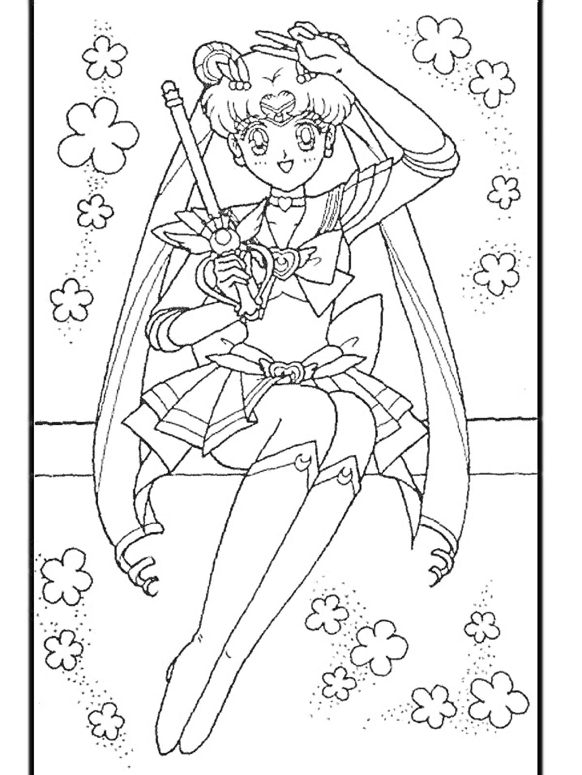Раскраска Девочка в костюме с луной и палочкой, сидящая на лавочке с цветочками вокруг