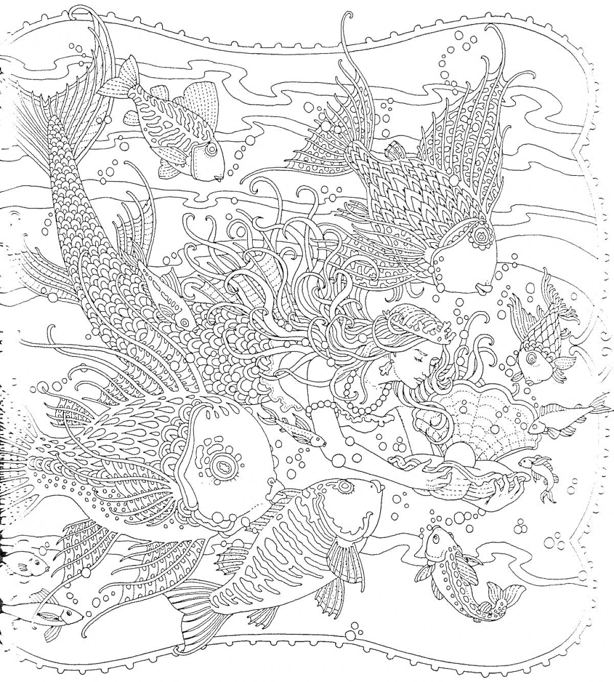 На раскраске изображено: Русалка, Подводный мир, Водоросли, Пузыри, Рыба, Океаны