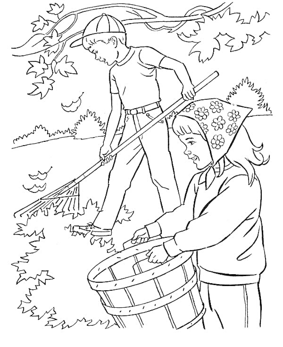 Раскраска Дети убирают осенние листья - мальчик с граблями и девочка с корзиной