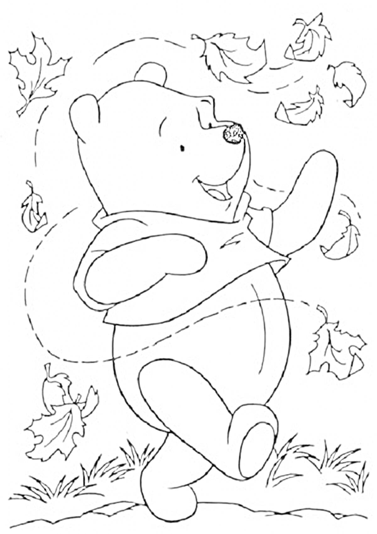 На раскраске изображено: Винни-Пух, Из мультфильмов, Медведь, Листья, Осень, Природа, Танец