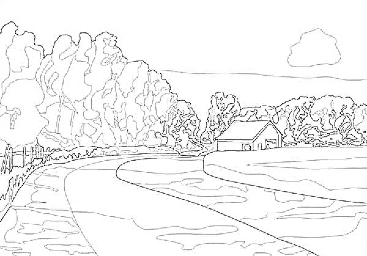 Раскраска Деревенский пейзаж с домом, дорогой, деревьями и облаком